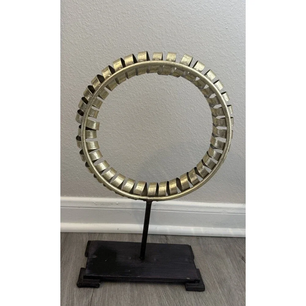 Arena Gold Finish Metal Sculpture, Iron Mount, Wooden Base. Zen-inspired Accent